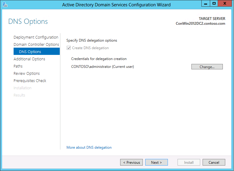 Screenshot of the DNS Options page of the Active Directory Domain Services Configuration Wizard.