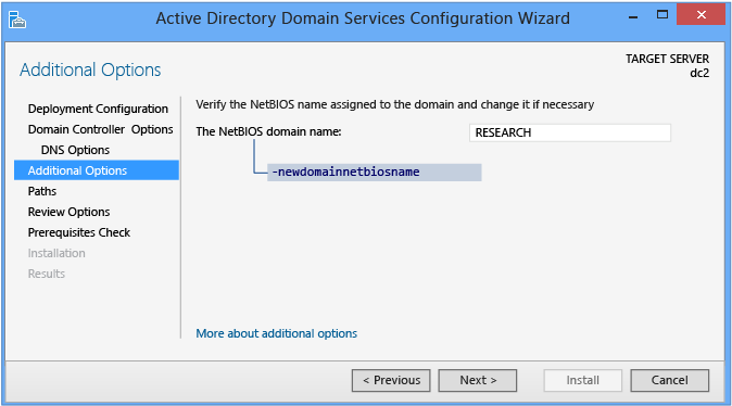 Screenshot that shows the Additional Options page in the Active Directory Domain Services Configuration Wizard.