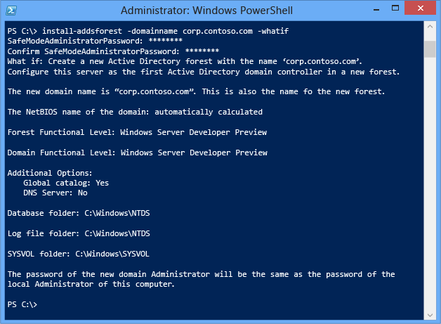 Screenshot of a terminal window that shows how to use the optional Whatif argument with the Install-ADDSForest cmdlet to review configuration information.