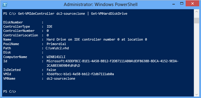 屏幕截图了显示如何从名为 DC2 的 VM 返回所有 IDE 硬盘驱动器。