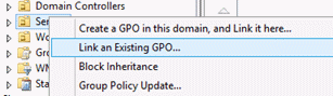 Screenshot that shows the Link an existing GPO menu option when you right-click the OU that the GPO will be applied to.