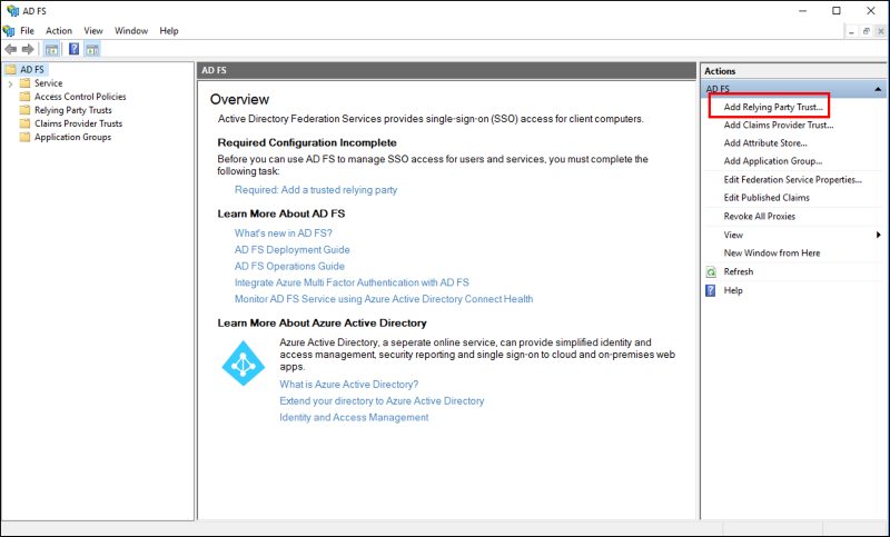 Screenshot of the AD FS dialog box with the Add Relying Party Trust option in the Actions pane called out.