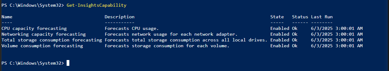 在 PowerShell 中使用 Get-InsightsCapability cmdlet 的屏幕截图。