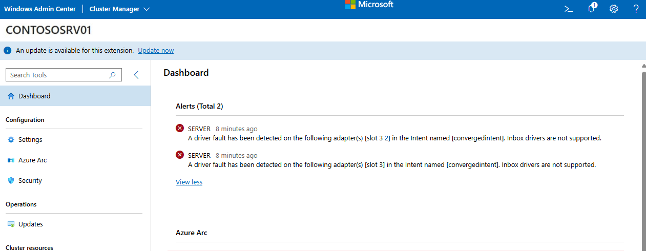 Windows Admin Center 群集仪表板的屏幕截图，其中显示了活动警报，包括网络 HUD 网络故障。