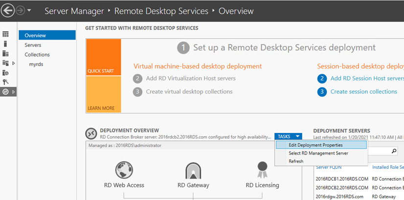 A screenshot of the set up remote desktop services deployment page. The user selects the tasks drop-down menu and selects Edit Deployment Properties.