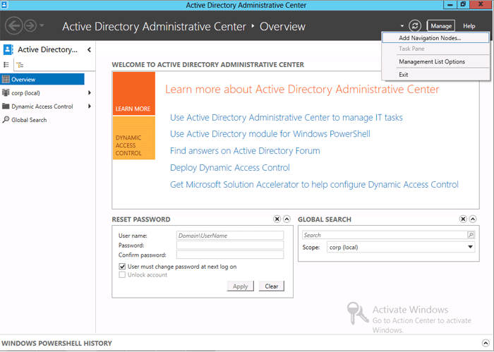 Screenshot of the Active Directory Administrative Center showing the Manage drop-down list with the Add Navigation Nodes option available for selection.