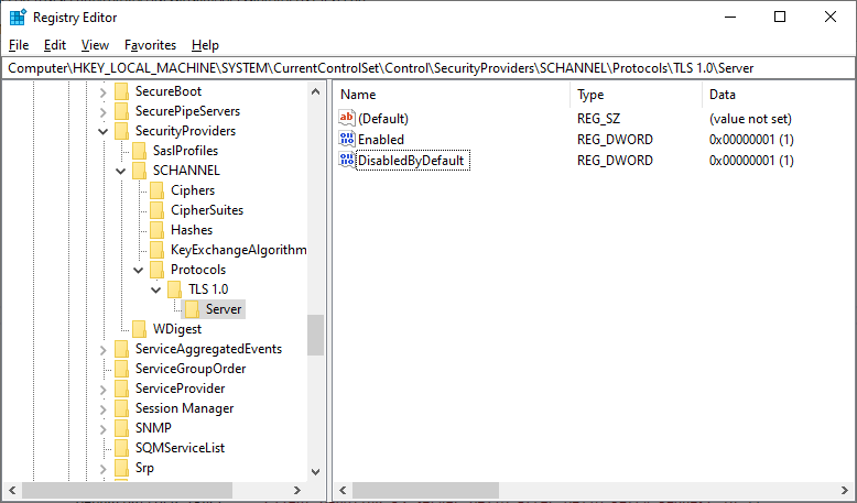 TLS 1.0 服务器端的 Windows Server 注册表设置中默认禁用状态的屏幕截图。