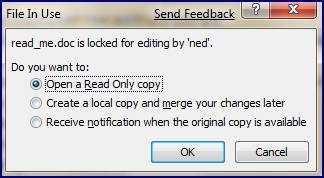 Screenshot of the File In Use dialog box showing three actions you can take when a file is locked by another user.