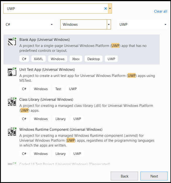 创建新的 UWP 应用