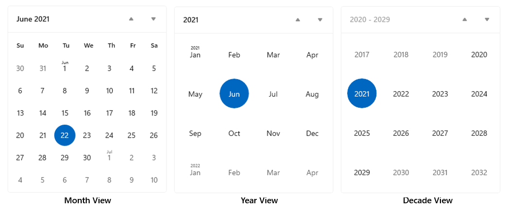 三个日历视图的屏幕截图，其中分别显示月视图、年视图和十年视图。