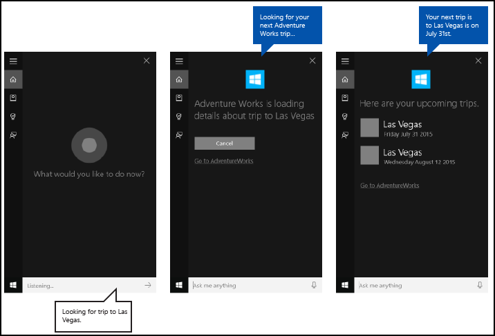 Cortana 画布的屏幕截图，用于端到端 Cortana 后台应用流，使用 AdventureWorks 即将开始的行程与移交