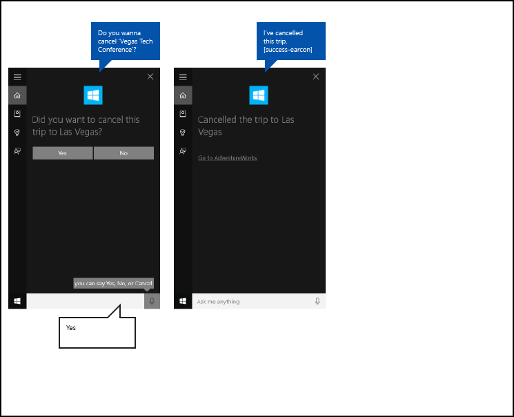 使用 AdventureWorks 取消行程确认的端到端 Cortana 后台应用流的 Cortana 画布的屏幕截图