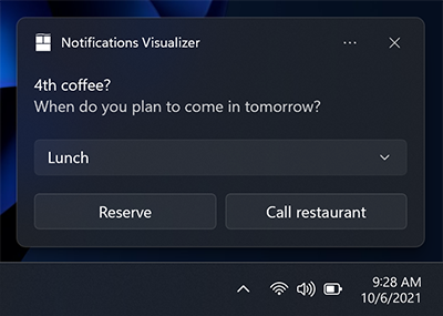 应用通知的屏幕截图，其中显示了一行文本、一个将“午餐”作为选定项的选择输入，以及一行内容（其中包含标记为“预订”和“呼叫餐厅”的两个按钮）。