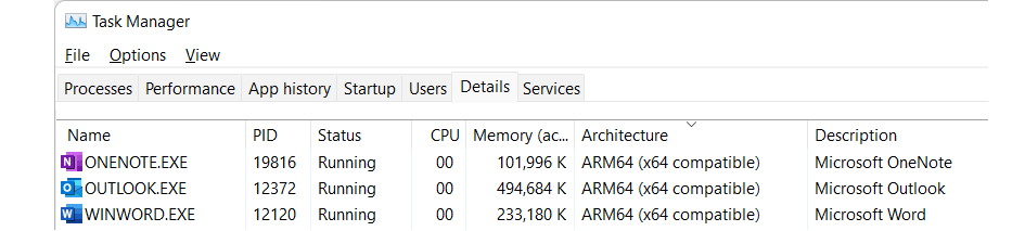 Screenshot of Task Manager showing ARM64 (x64 compatible) in Architecture details.