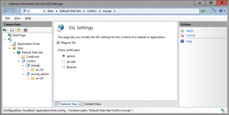 IIS 中的 SSL 设置的屏幕截图。