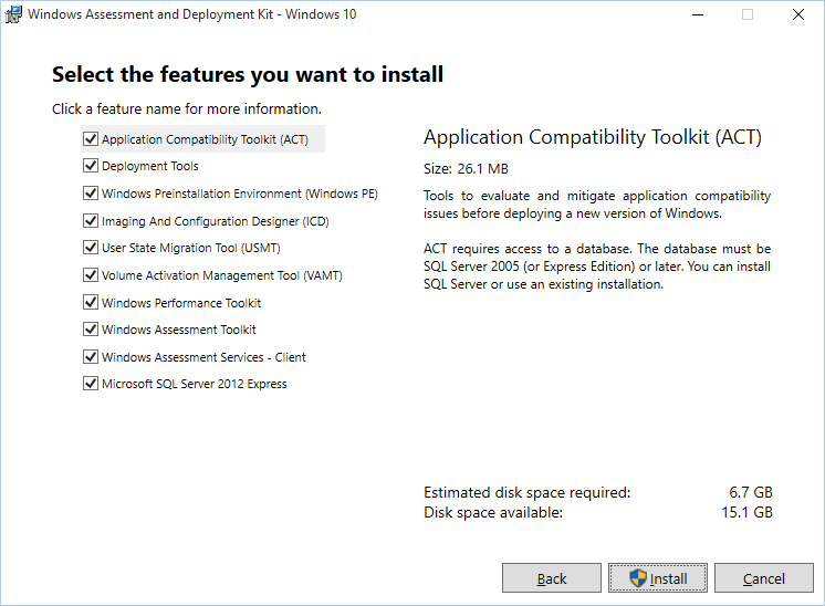 Windows 10 ADK 功能选择页。