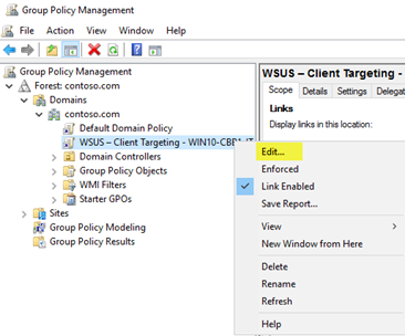 选择 WSUS 环 4 并在组策略中编辑。