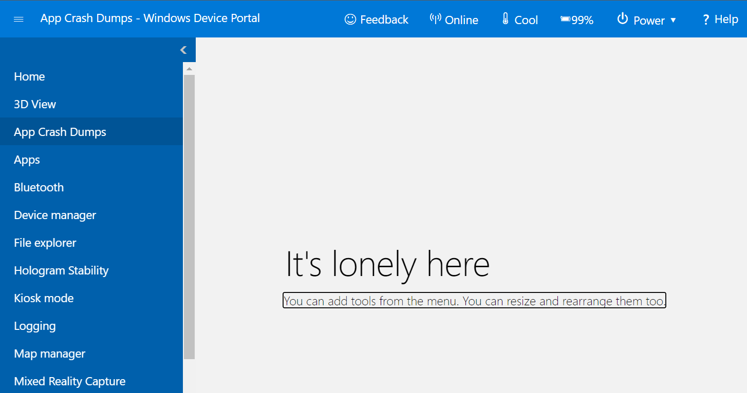 It's lonely here message in Device Portal page