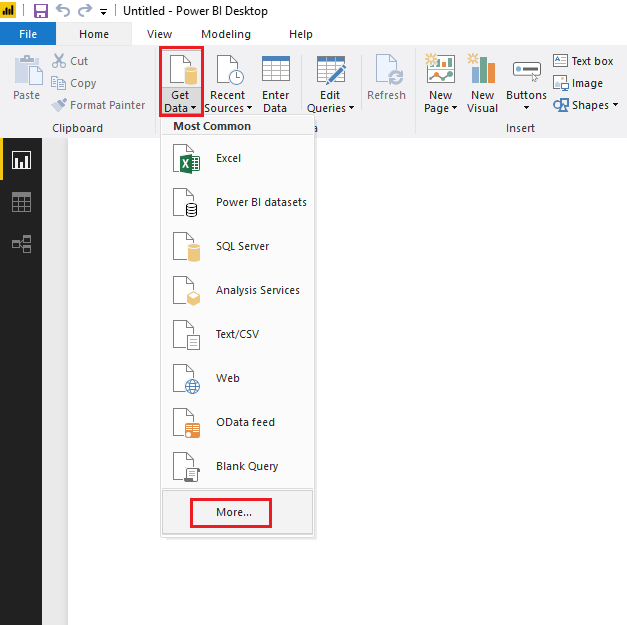显示 Power BI Desktop 的屏幕截图。在“获取数据”下拉菜单中，更多内容以红色圆圈。