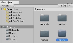 Screenshot of the project tab. The Assets folder is selected.