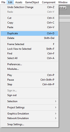 Screenshot of the edit menu with duplicate selected.