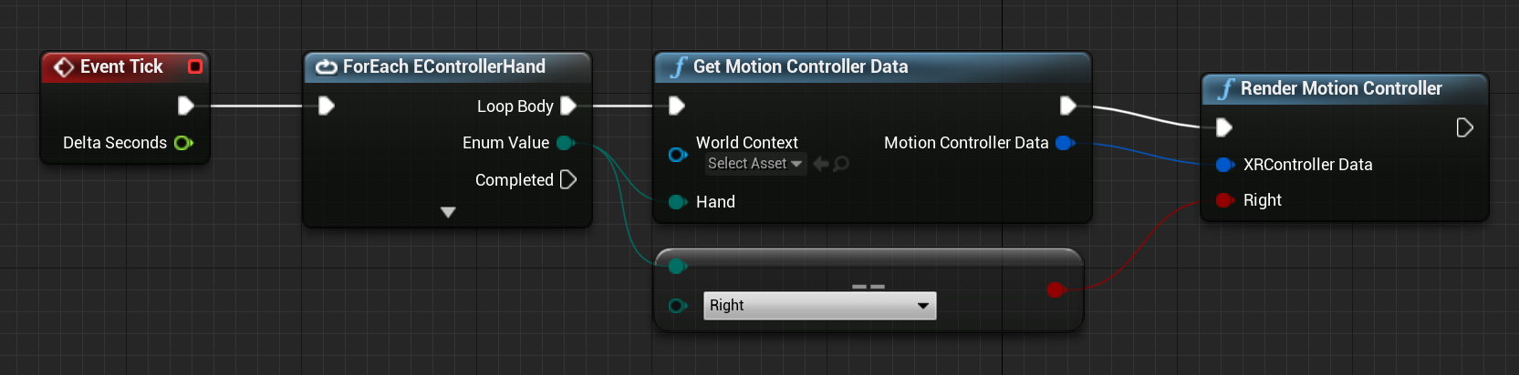 Blueprint of get motion controller data function connected to render motion controller function