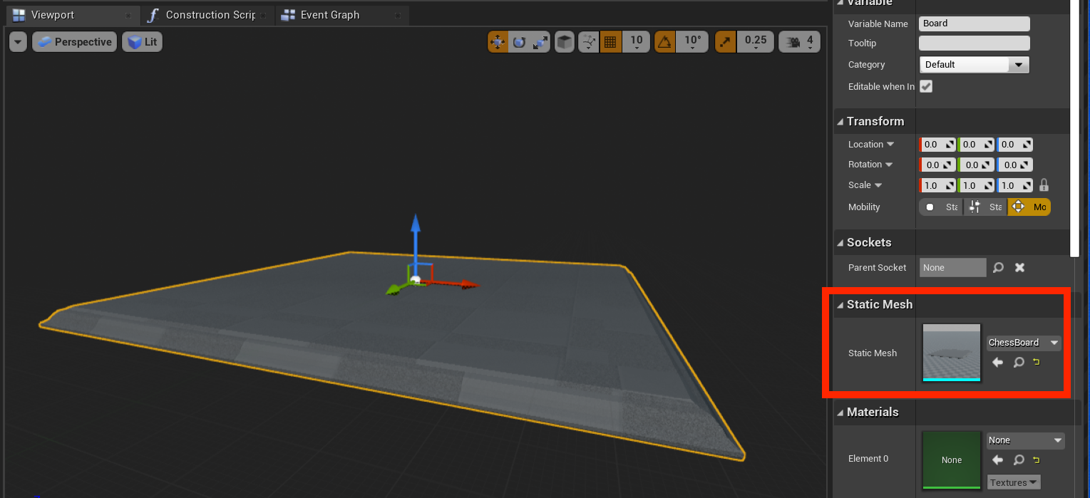 The board mesh in the viewport