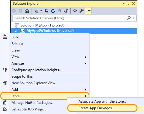 Context menu with navigation to Create App Packages