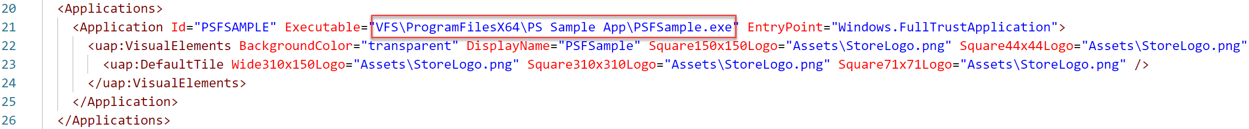 Image circling the location of the executable within the AppxManifest file.