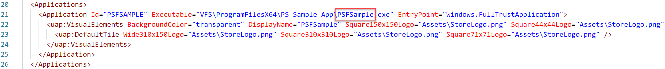 Image showing the location of the process executable within the AppxManifest file.