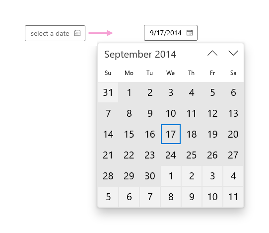 日历日期选取器的屏幕截图，其中显示了空的“选择日期”文本框，并通过其下方的日历填充了一个日期。