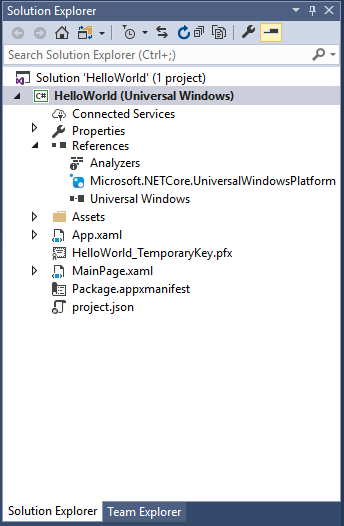 “解决方案资源管理器”面板的屏幕截图，其中突出显示了“Hello World(通用 Windows)”。