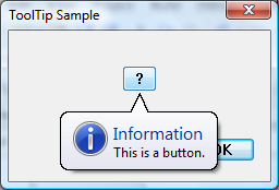 screen shot showing a tooltip with an icon, title, and text, positioned below a button on a dialog box