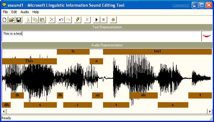 显示 Microsoft 语言信息声音编辑工具中的“文本表示形式”和“音频表示”窗格的屏幕截图。