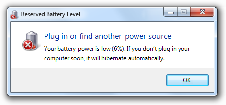 严重电池电量不足警告的屏幕截图
