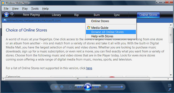 screen shot showing how to select an online store in windows media player 11