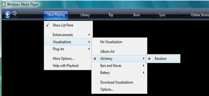 screen shot showing how to play a visualization in windows media player 11