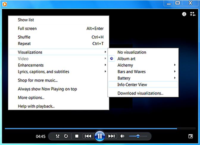 screen shot showing how to access a store's info center in windows media player 12