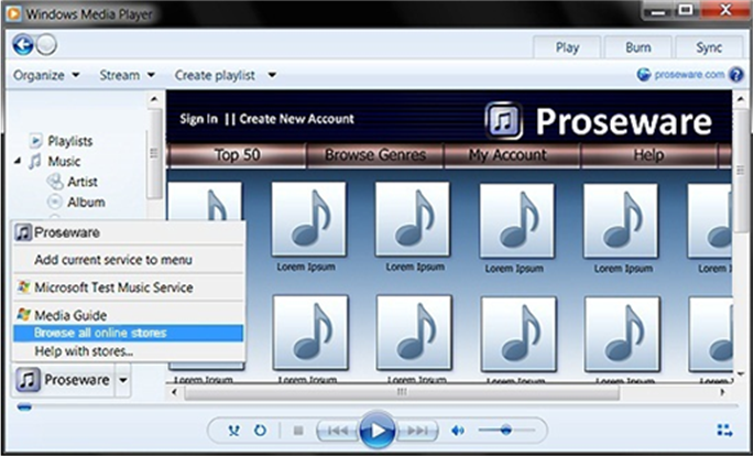screen shot showing how to select an online store in windows media player 12