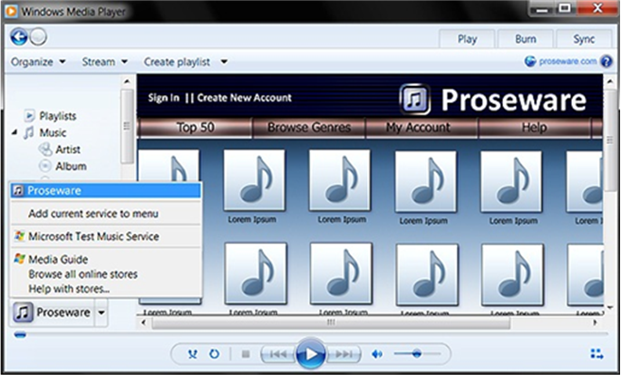 screen shot showing the store tab in windows media player 12