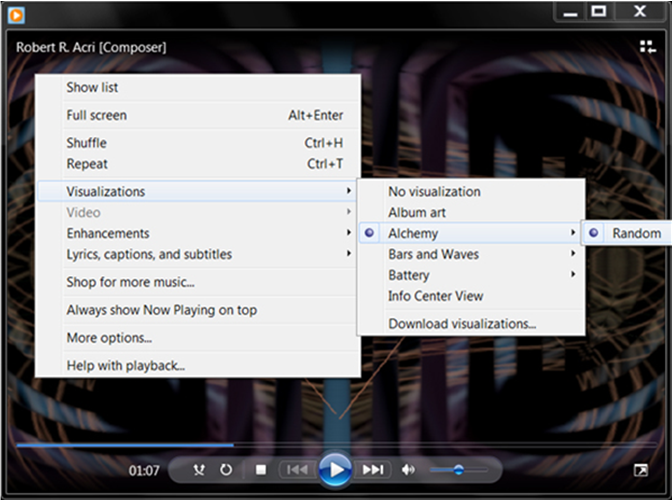 screen shot showing how to play a visualization in windows media player 12
