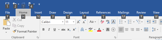 Microsoft Word中访问密钥的键提示徽章。