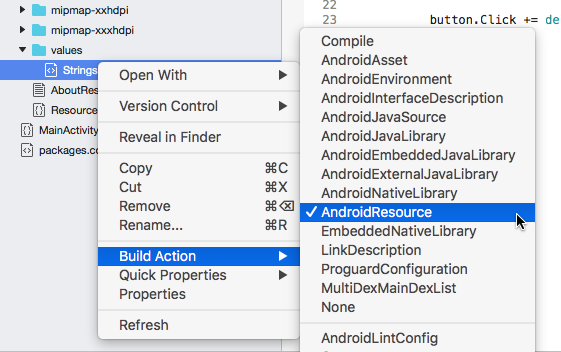 Build action for Strings.xml set to AndroidResource