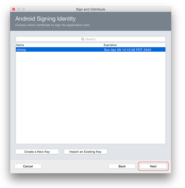 Sign and Distribute dialog box, Android Signing Identity.