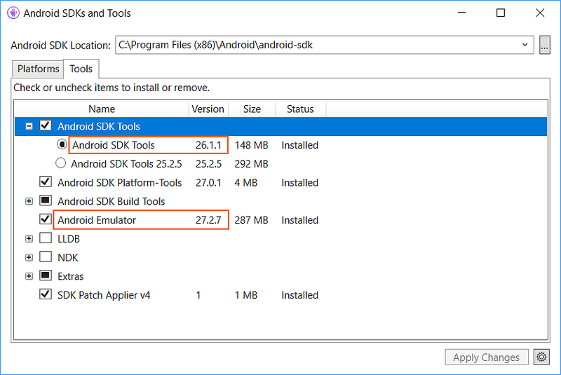 Android SDKs and Tools dialog