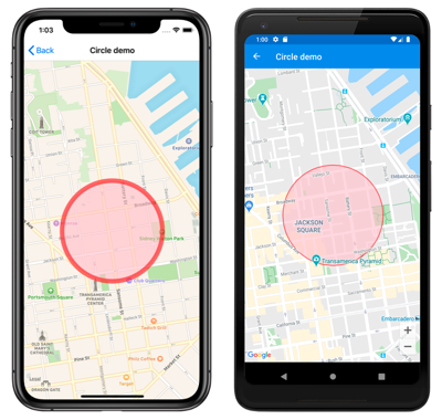 “iOS 和 Android 上的地图圆的屏幕截图”