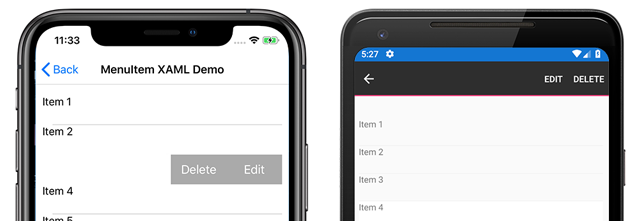 MenuItems on iOS and Android