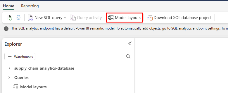 Fabric 入口網站中 SQL 資料庫瀏覽器和功能表的螢幕快照。[模型版面配置] 按鈕被反白顯示。