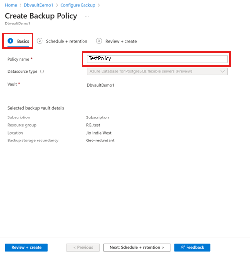 截圖說明了如何提供備份政策名稱。