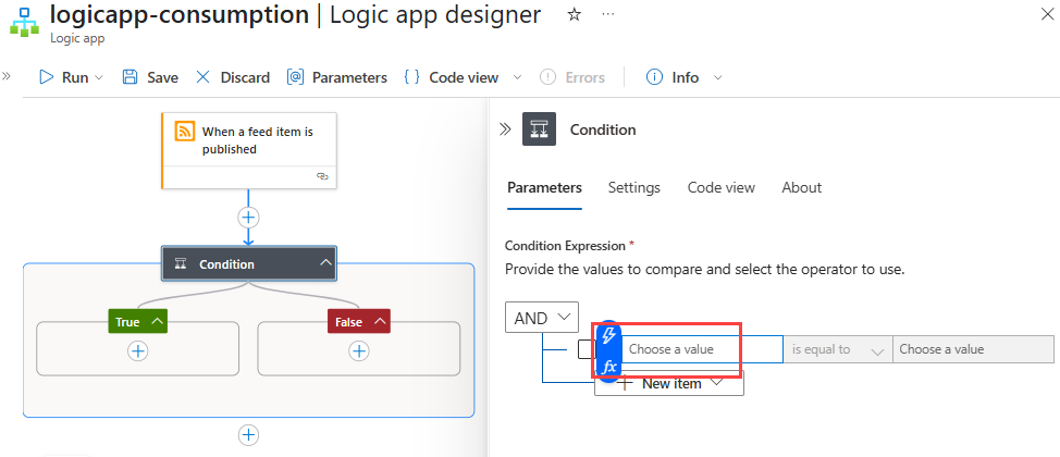顯示 Azure 入口網站、使用量工作流程設計工具、RSS 觸發程序和 [條件] 動作的螢幕擷取畫面，其中資訊窗格為開啟狀態，且動態內容按鈕為選取狀態。